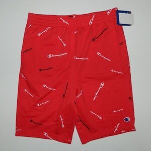 NWT CHAMPION boys Scarlet Red All Over Logo French Terry Sweat Shorts MEDIUM